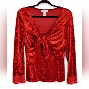 Dress Barn Velvet Lace Top Womens 1X Red Layered Jacket Attached Cami Love Knot